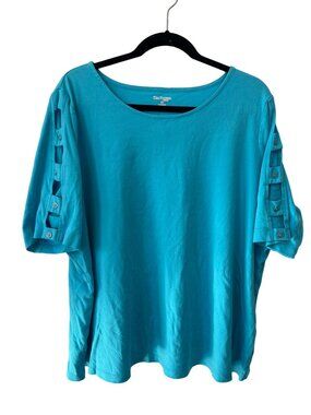Kim Rogers Tshirt Size 3X Ladder Trim Cutout Scoop Neck Cotton Teal Blue Plus